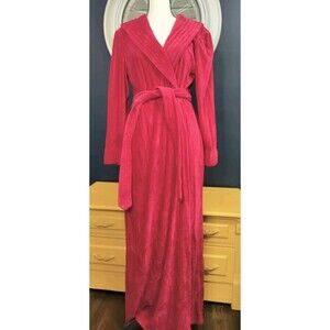 Vtg David Brown California Velour Robe Women's M/L-56in Fushia Pink Pockets Belt